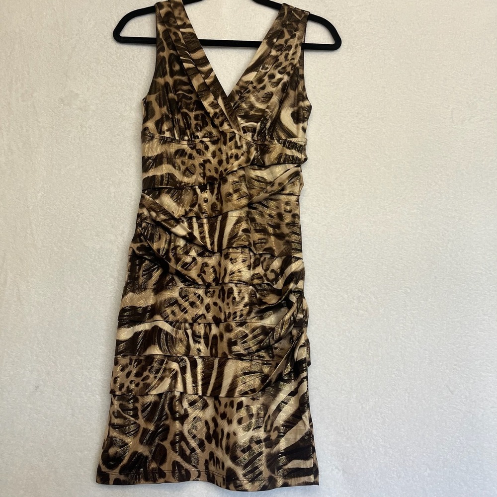 Animal Leopard Print Dress Brown Tan Gold Sleeveless V-Neck Party Cocktail M - Picture 10 of 11